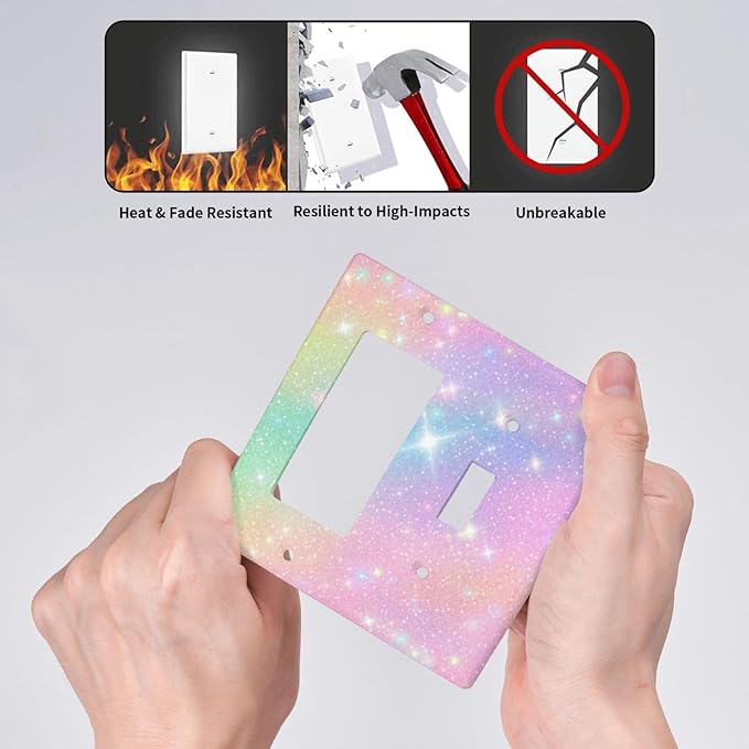 Decorative Outlet Covers Rainbow Shiny Gradient Colors 2 Gang Wall Plate Cover 1 Toggle 1 Rocker Combination Light Switch Plate Covers Jumbo Switch Cover for Kids Room Nursery Decor