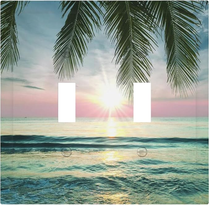 Tropical Beach Sunset Double Toggle Switch Cover - 2-Gang Standard US Size Palm Fringe Ocean View Light Switch Covers for Pool Beach House Decor