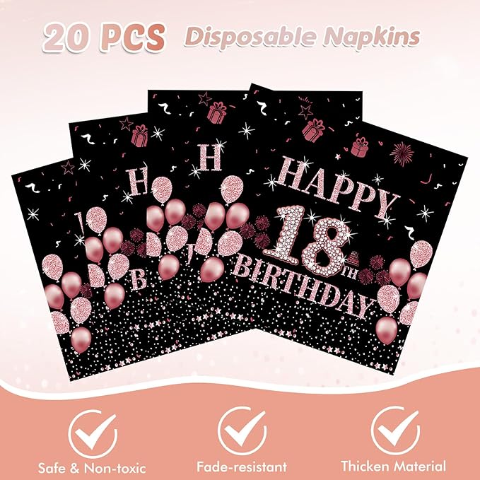 41Pcs 18th Birthday Party Decorations for Girls Her, Rose Gold Birthday Supplies Include 20 Plates 20 Napkins and 1 Tablecloth, Sweet Eighteen Year Old Birthday Party Tableware for Girls Kids Children
