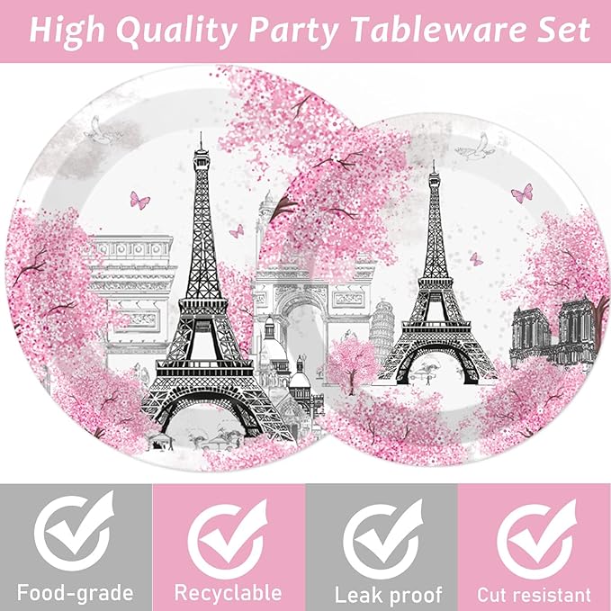 Naozinebi 200pcs Paris Eiffel Tower Plates Napkins Parisian Party Paris European City Tableware Set Landscape Pink Dinnerware Paper Tableware Bundle Baby Shower Decor Supplies Serve 50