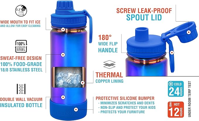 CHILLOUT LIFE 17 oz Kids Insulated Water Bottle for School with Leakproof Spout Lid and Cute Waterproof Stickers, Personalized Stainless Steel Thermos Flask Metal Water Bottle, Dishwasher Safe Color