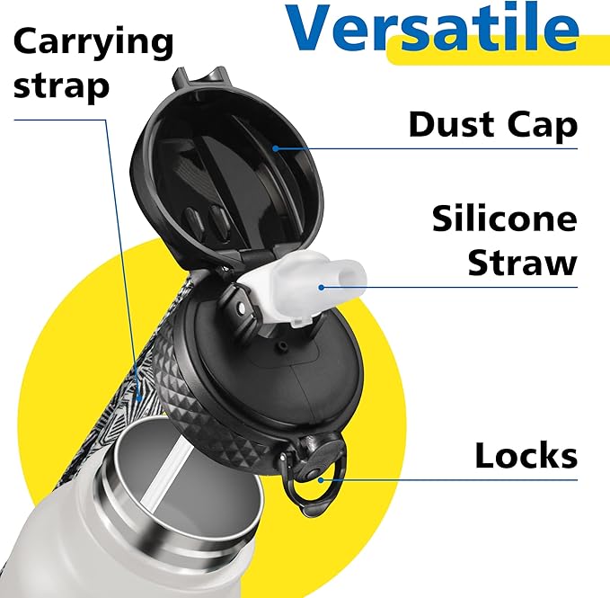 Han's Bottle Sports Water Bottle - 24 Oz, Straw Lid, Leak Proof, Vacuum Insulated Stainless Steel, Double Walled, Thermo Mug,White & Black