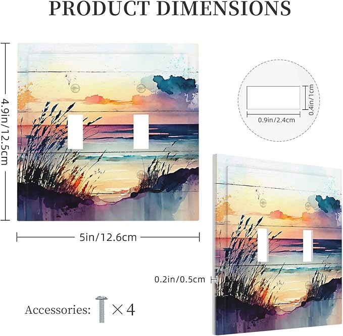 Light Switch Cover Sunset Beach Abstract Watercolor 2 Gang Wall Plate Double Light Switch Plate Nature Coastal Toggle Decorative Outlet Covers Electrical Switchplate for Bathroom Home Decor