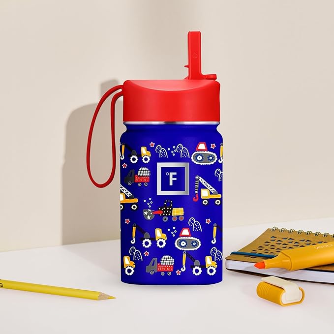 IRON °FLASK Kids Water Bottle - Straw Lid, 20 Name Stickers, Vacuum Insulated Stainless Steel, Double Walled Tumbler Travel Cup, Mug - Construction Zone, 10 Oz