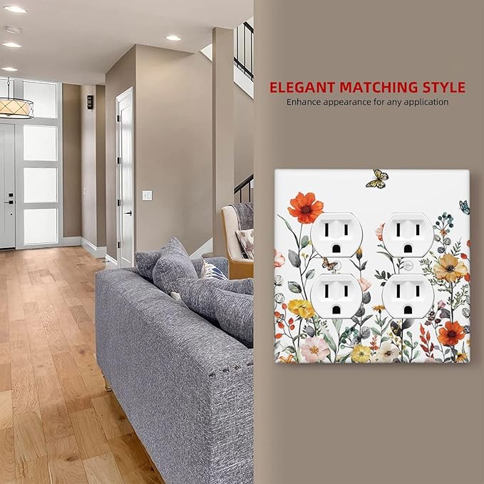 Colorful Country Vintage Floral Butterfly Flowers 2-Gang Device Duplex Wall Plate, Rural Watercolor Wildflower Decorative Two Gang Double Duplex Receptacle Socket Outlet and Light Switch Cover Plate