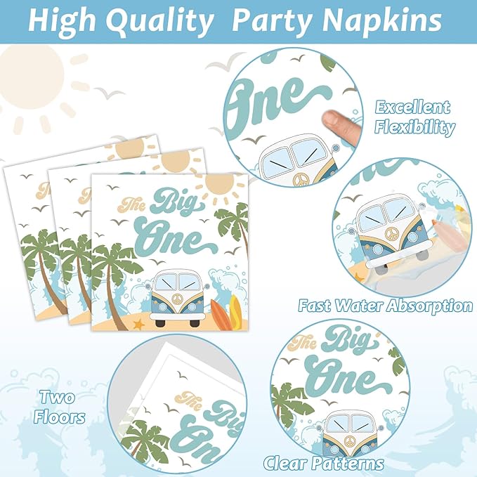 200pcs Summer Beach The Big One Party Plates Napkins Boy Surfing First Birthday Tableware Set Hawaiian Palm Tree Cake Dessert Disposable Dinnerware Retro Wave Decor for Baby Shower Supplies Serves 50