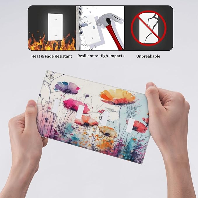 Light Switch Cover Plate Abstract Floral watercolor flowers 4 Gang Switch Plate Quad Toggle Wall Plates Wildflower Decorative Switchplate Electrical Outlet Cover Plates for Home Decor
