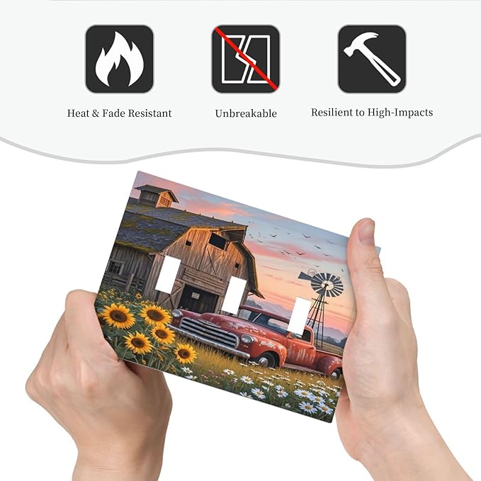 Rustic Barn Red Truck Windmill Sunflower Decorative Switch Plates 3 Gang Wall Plate Triple Toggle Light Switch Cover Faceplate Electrical Wall Panels for Farmhouse Home Decor