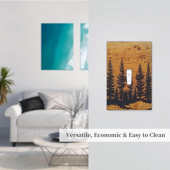 Decorative Light Switch Cover Forest Pine Silhouette Rustic Wood Grain 1 Gang Single Toggle Device Electrical Faceplate Switchplates Decorator Outlet Wall Plate For Farmhouse Cabin Decor