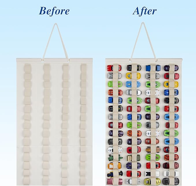 Hanging Storage Organizer for Toy Cars Felt Display Case Hold Up 60 Toy Cars (Cream)