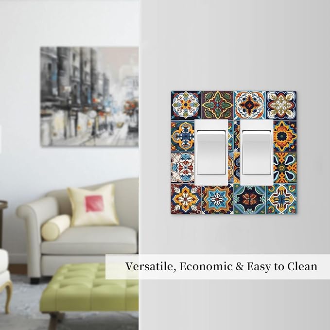 Mexican Talavera Tiles Floral Decorative Outlet Covers 2 Gang Double GFCI Rocker Electrical Wall Panels Light Switch Cover Plate for Bathroom Kitchen Decor