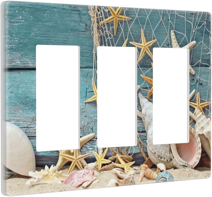 Nautical Beach Starfish Teal Wood 3 Gang Triple Rocker/Decora Light Switch Wall Plate Cover Decorative Electrical Faceplate Switchplate for Bathroom Living Room Decor