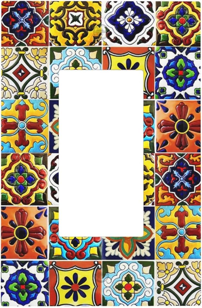 Retro Matte Mosaic Moroccan Mexican Mandala Boho Talavera Style Ceramic Tile 1 Gang Single Decorator/GFCI Device Outlet Wall Plate Electrical One Rocker Decorative Light Switch Cover Faceplate Dimmer