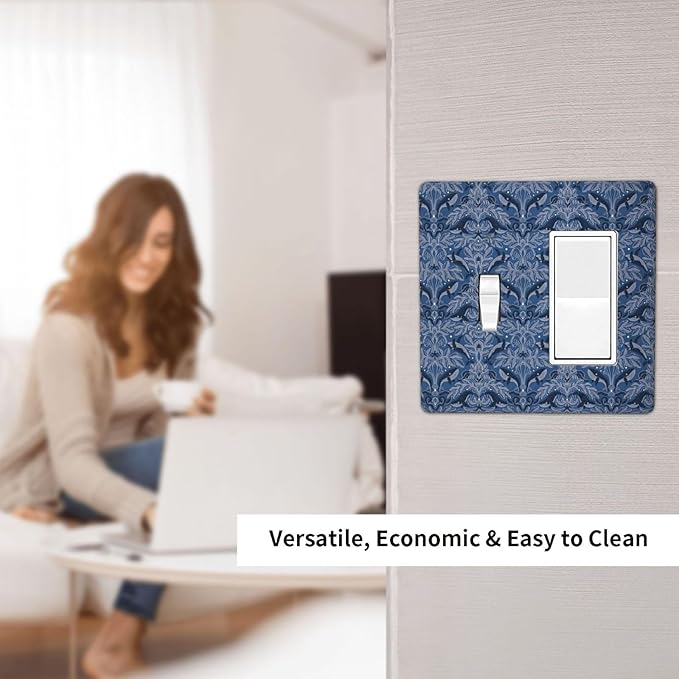 Blue Modern Nautical Art Whale Fish Ocean Damascus Outlet Covers 1 Toggle 1 Rocker Combination Decorative Wall Plate Electrical Switch Plates Light Switch Cover Plate for Bedroom Living Room Decor
