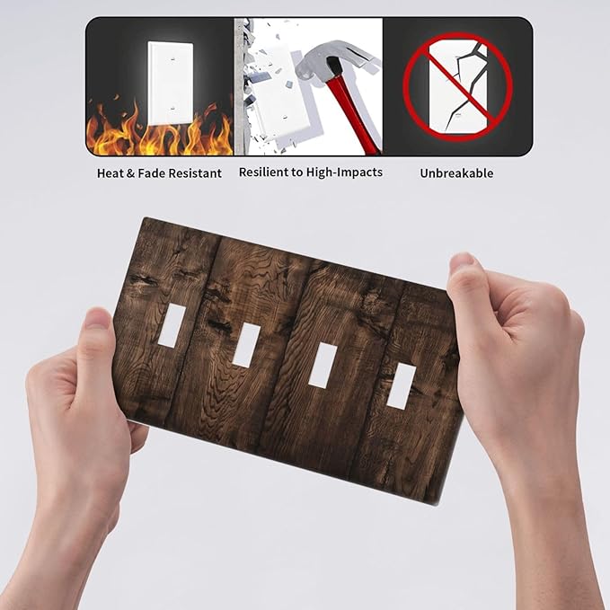 Rustic Brown Wood Plank Vintage Wooden Texture Print Light Switch Covers Quad Toggle Electrical Faceplate 4 Gang Wall Plate Decorative Switch Plates Cover for Farmhouse Home Decor