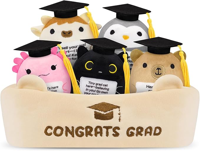 6 Pcs Emotional Support Plush Set,Graduation Stuffed Animal 2026 with Basket & Graduations Words,Cute Graduation Plush for Kids Men Women,Graduation Gifts for Kindergarten,High School College