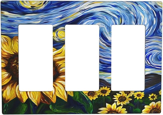Vintage Abstract Blue Starry Sunflower 3 Gang Rocker Light Switch Covers Triple Outlet Wall Plate Decorative Switchplate Cover Faceplate GFCI for Farmhouse Country Bedroom Decor