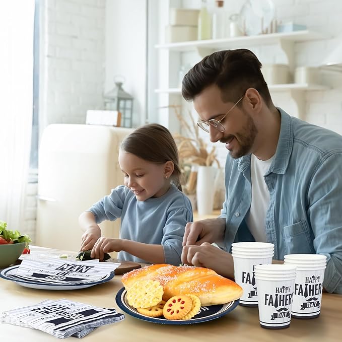 122 Pcs Happy Father's Day Plates and Napkins Set for 24 Guest Blessed Dad Paper Dessert Plates Cups and Napkin Kit Blue and White Disposable Tableware for Father Papa Grandpa Party Table Decorations