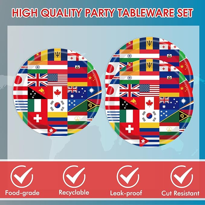 International World Flags Tableware Set International Flags Decorations Plates and Napkins for Travel Trip Around the Globe Retirement,School, Sports Events, Grand Opening, Party