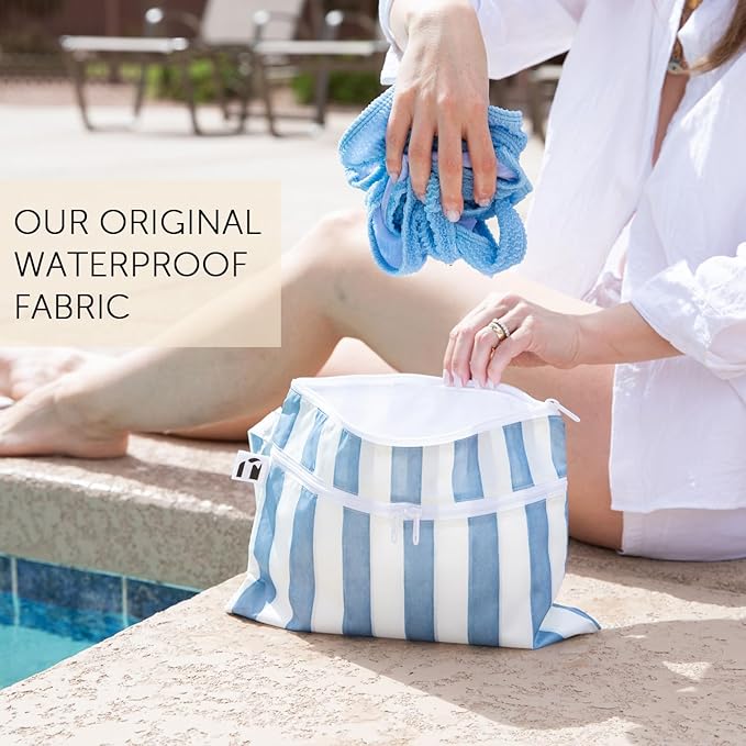 Bumkins Roamio Waterproof Wet Dry Clutch Bag for Baby, Travel, Swim Suit, Cloth Diapers, Pump Parts, Pool, Gym Clothes, Toiletry, Hook to Stroller, Pack for Daycare, Zip Pack Pouch, Nautical Stripe