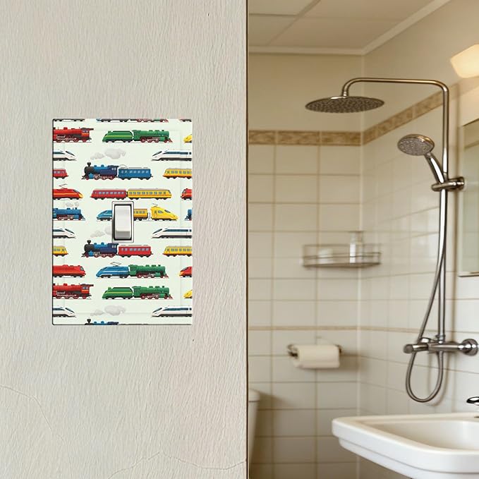 Vintage & Modern Trains 1-Gang Toggle Light Switch Plate, Colorful Locomotive Retro Steam & High-Speed Decorative Wall Plate for Boys Room