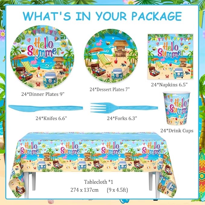 AIBIIN 145PCS Hello Summer Party Decorations Summer Beach Paper Plates Cups and Napkins Sets Hawaiian Theme Party Supplies Disposable Tableware Set with Tablecloth Serves 24 Guests