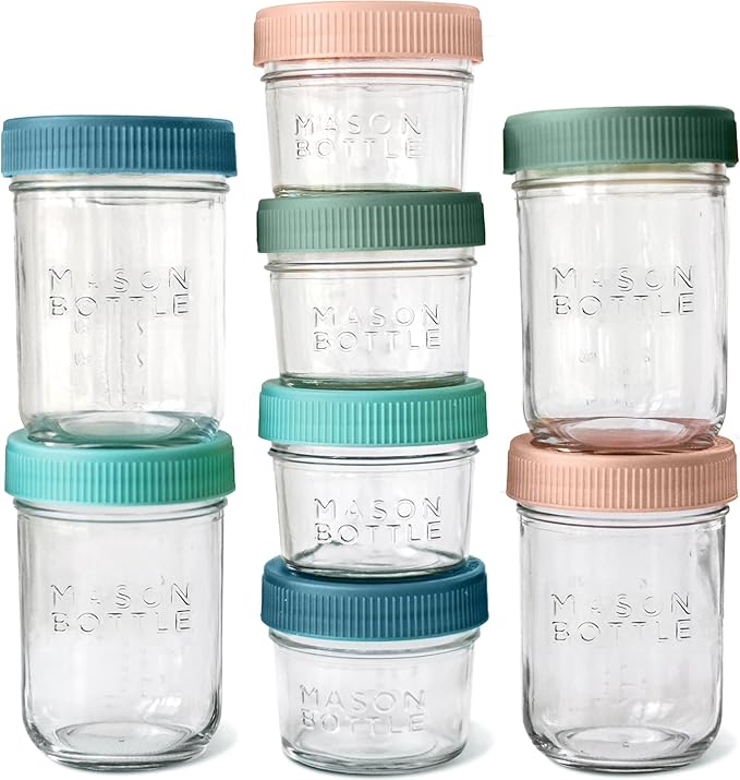 Mason Bottle Breast Milk Storage Jars (4oz & 8oz, 8-Pack) – Reusable Glass Baby Food Containers with Lid for Baby Formula & Breastmilk – Airtight, Stackable, Freezable (Deep Ocean)