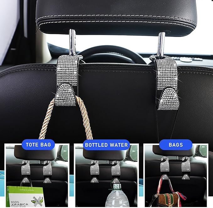 Ohleats 2 PCS Bling Car Seat Headrest Hooks, Crystal Rhinestone Back Seat Hanging Storage Organizer, Vehicle Seat Hanger Holder for Purse Handbag Coat, Interior Car Accessories (White)