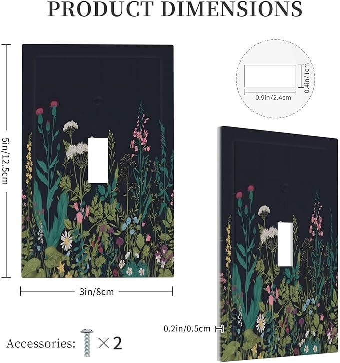 Boho Garden Flowers Weeds Floral Wildflowers Decorative Light Switch Cover 1 Gang Single Toggle Device Electrical Faceplate Switchplates Decorator Outlet Wall Plate for Bedroom Living Room Decor