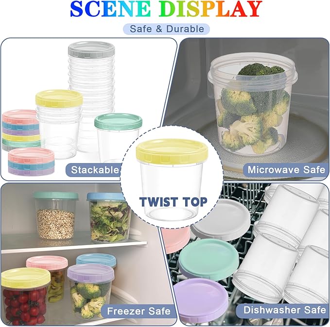 Yomarket 6pcs 32 oz Plastic Containers with Screw Top Lids, Reusable Clear Food Storage Containers with Pen and Brush, Leakproof Freezer Soup Containers, Microwave & Dishwasher Safe