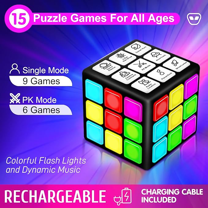 Xinbeiya Rechargeable Handheld Cube with Games - 15 Fun Brain & Memory Games with Score Screen for Kids Teens - Christmas Easter Birthday Gifts for Boys Girls Ages 6-12+ Years Old (Black)