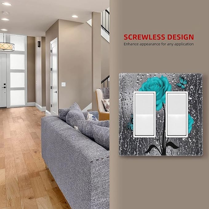 Aqua Blue Grey Raindrops Rose Floral 2 Gang Screwless Double GFCI Decorator/Rocker Outlet Light Switch Covers Woman Elegant Pretty Teal Flower Decorative Dual Device Receptacle Face Wall Plate Cover