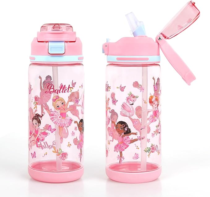 decalsweet Kids Water Bottle 20oz Durable Leak-Proof Plastic Water Cup for Kids Toddlers,With Straw Handle and Pop-Up Spout Cover,Safe for School Sports Daycare Travel & Camp