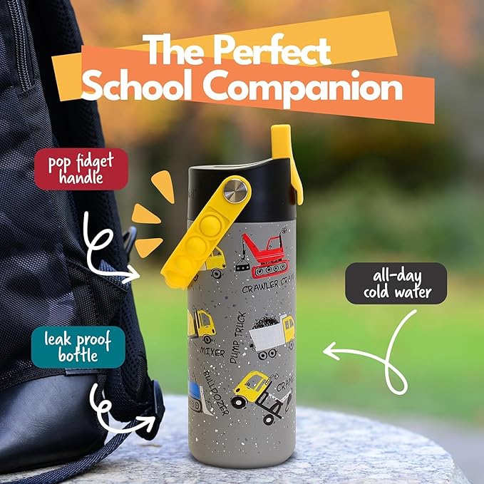 Elemental Insulated Kids Water Bottle, Stainless Steel Water Bottle with Straw Lid & Pop-It Handle, Leak-Proof Water Bottles for School, Boys or Girls, Travelling and Sports, 18oz - Construction