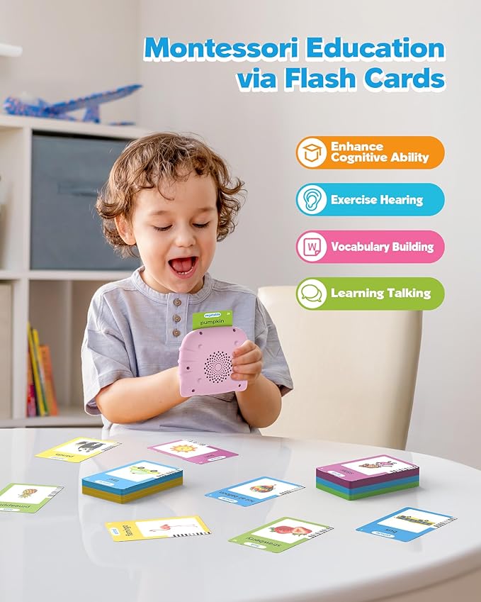 Airbition Talking Flash Cards for Toddlers 1 2 3 4 Year Olds, Montessori Language Learning with 224 Words, Pocket Speech Therapy Playthings, Children's Sensory Educational Device, Pink