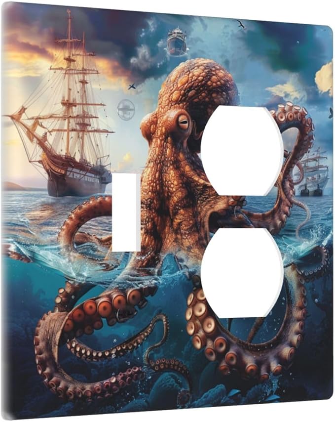 Outlet Covers Deep Ocean Octopus Sailboat Sea Monster 2 Gang Decorative Switch Plates 1 Toggle Duplex Combo Light Switch Cover GFCI Socket Cover WallPlates for Bathroom Bedroom Decor
