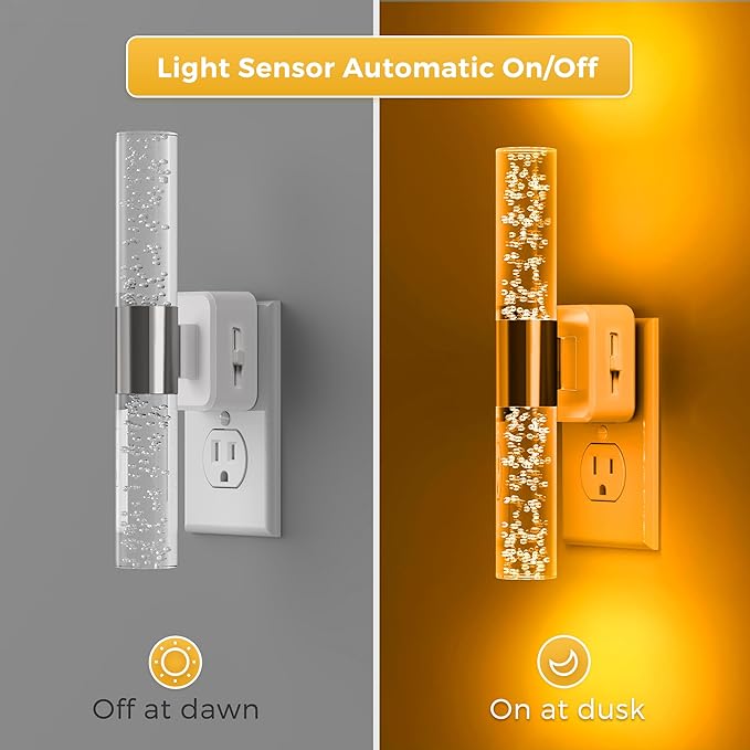 L LOHAS LED Amber Night Light, Bubble Acrylic Night Lights Plug into Wall, 180° Rotating Nightlights, Light Sensor, Yellow Nightlights Dimmable, Sleep Light for Kids Bedroom Bathroom Hallway, 1-Pack