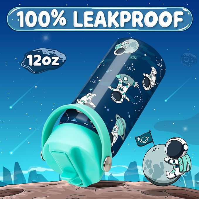 Astronaut Water Bottle - Kids Water Bottle with Straw Lid - 12 Oz Insulated Stainless Steel Water Bottles for Kid Boys - Travel Cup for School Sports