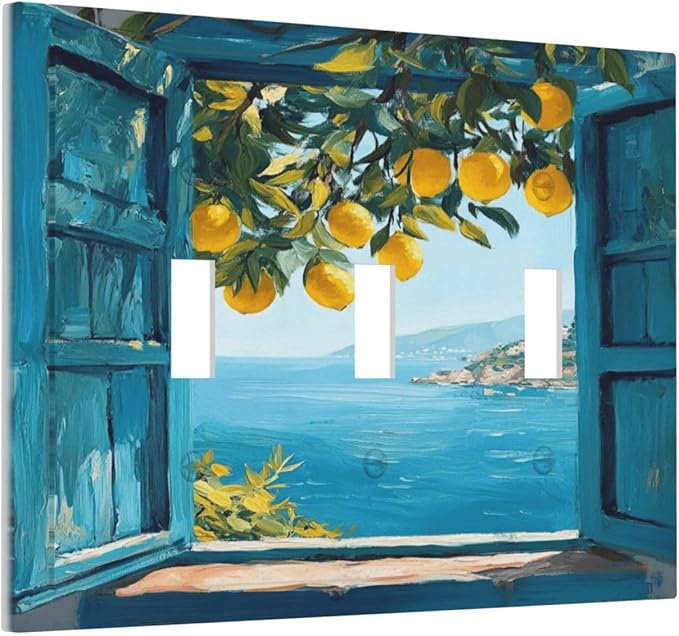 Window View Coastal Lemon Tree Mediterranean Landscape Decorative Switch Plates 3 Gang Wall Plate Triple Toggle Light Switch Cover Faceplate Electrical Wall Panels for Bedroom Living Room Decor