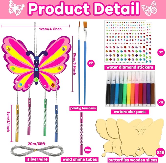 16 Pack Butterfly Wind Chime Kits Butterfly Crafts for Kids Make Your Own Butterflies Wind Chime Wooden DIY Arts and Crafts for Spring Summer Party School Classroom Decorations Supplies Birthday Favor
