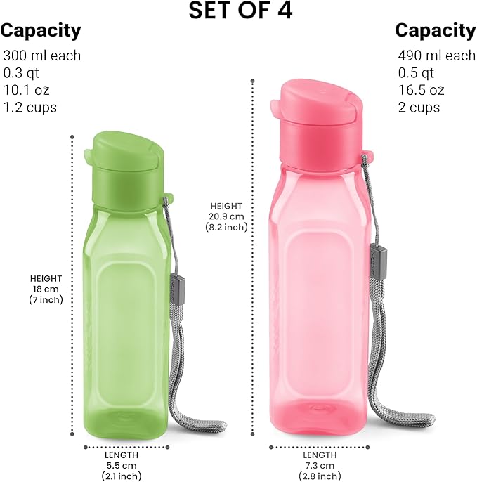 MILTON Bulk Water Bottles Set of 4 – 10 and 17oz Multicolor Bottles for Kids and Adults – Leak Proof with Carry Strap – Square Reusable Bottles for Juice, Drinks BPA-Free Dishwasher-Safe
