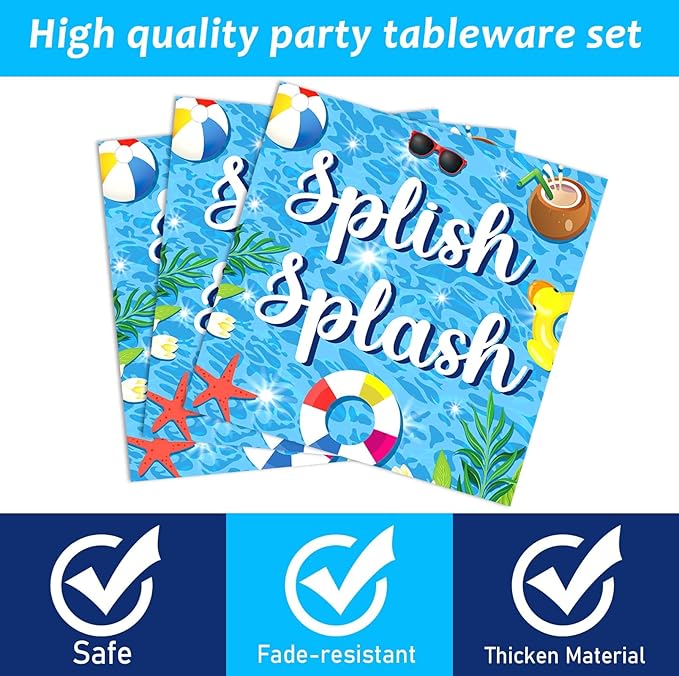 Splish Splash 96Pcs Bash Tableware Set - Pool Party Plates, Napkins, Dessert Plates for 24 Guests - Summer Beach Hawaiian Birthday Party Favors & Decorations