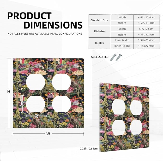 Dreamy Tropical Rainforest Colorful Mushroom Wildflower Outlet Covers 2 Gang Double Duplex Decorative Light Switch Covers Electrical Wallplates Socket Faceplate for Farmhouse Kids Room Decor
