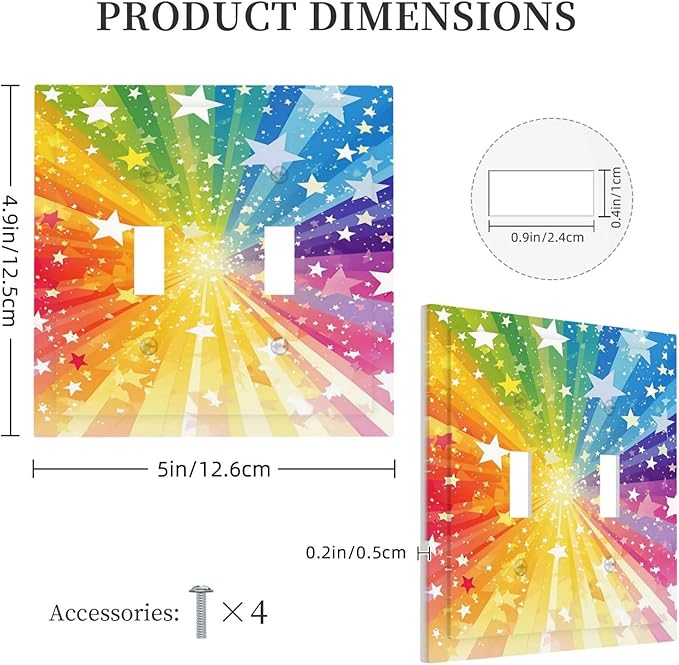 Light Switch Cover Plate Rainbowcolored Rays With White Stars 2 Gang Double Toggle Decorative Switch Plates Wall Plates Electrical Faceplate for Nursery Home Decor
