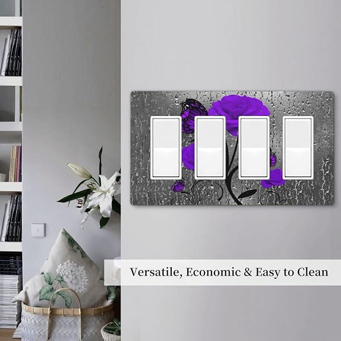 Purple Butterfly Rose Flower 4 Gang Quad Rocker/Decor Light Switch Cover Plate Decorative Electrical Faceplate For Girls Room Bedroom Decorate Jumbo Size Screwless 8.3" x 4.6