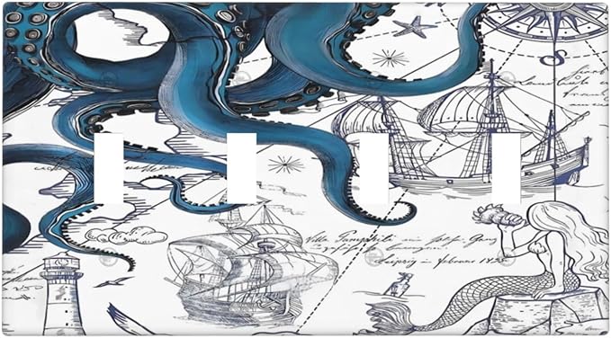 Nautical Vintage Map Octopus Mermaid Lighthouse Boat Light Switch Covers Quad Toggle Electrical Faceplate 4 Gang Wall Plate Decorative Switch Plates Cover for Bathroom Kids Room Decor
