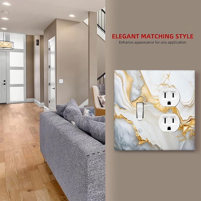 Exquisite White Gold Marble Abstract Luxurious Print Wallplates 1 Toggle 1 Duplex Switch Plate Electrical GFCI Faceplate Decorative Light Switch Covers for Bathroom Kitchen Decor