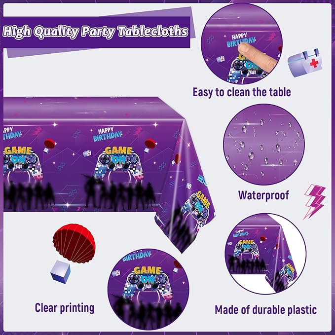 98PCS Game Birthday Party Decors Video Game Party Plates Napkins Tablecloths Neon Gaming Birthday Royale Tableware Set Gaming Disposable Table Cover for Kids Boys Girls Gamer Theme Parties Supplies