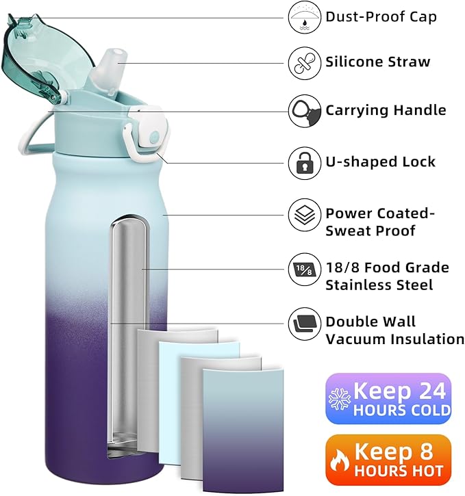 BJPKPK Stainless Steel Insulated Water Bottle with Straw Lid 25oz Reusable Metal Thermal Flask Bottles Keep Cold and Hot,Ocean Dream