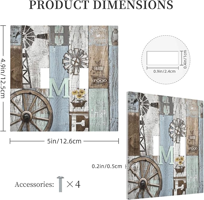 Rustic Western Barn Door Vintage Windmill Decorative Switch Plates 2 Gang Double Toggle Outlet Light Switch Cover Wall Plate Electrical Faceplate for Farmhouse Home Decor